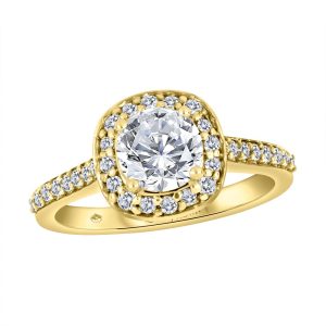 Round Center Diamond with Cushion Halo & Round Accent Diamonds (Yellow Gold)