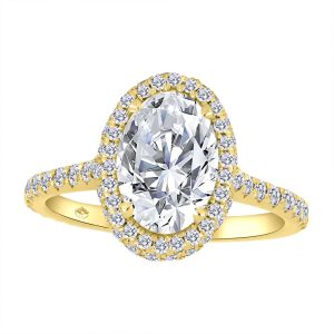 Narrow Diamond-Accented Band with Double Halo Around Oval Diamond (Yellow Gold)