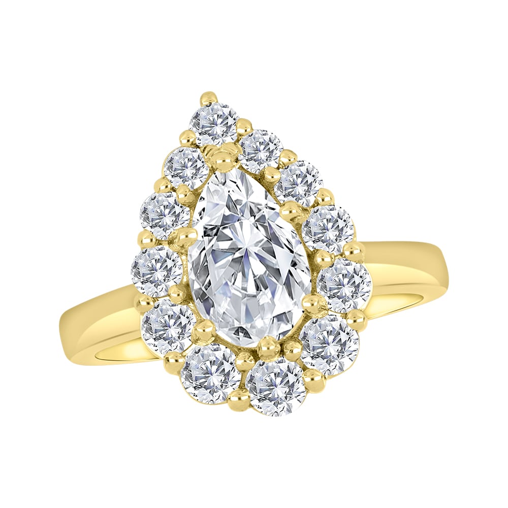 Pear-Shaped Diamond with Large Round Diamond Halo on Knife-Edge Band (Yellow Gold)