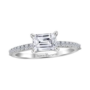 Emerald Diamond Set Sideways on Narrow Diamond-Accented Band (White Gold)